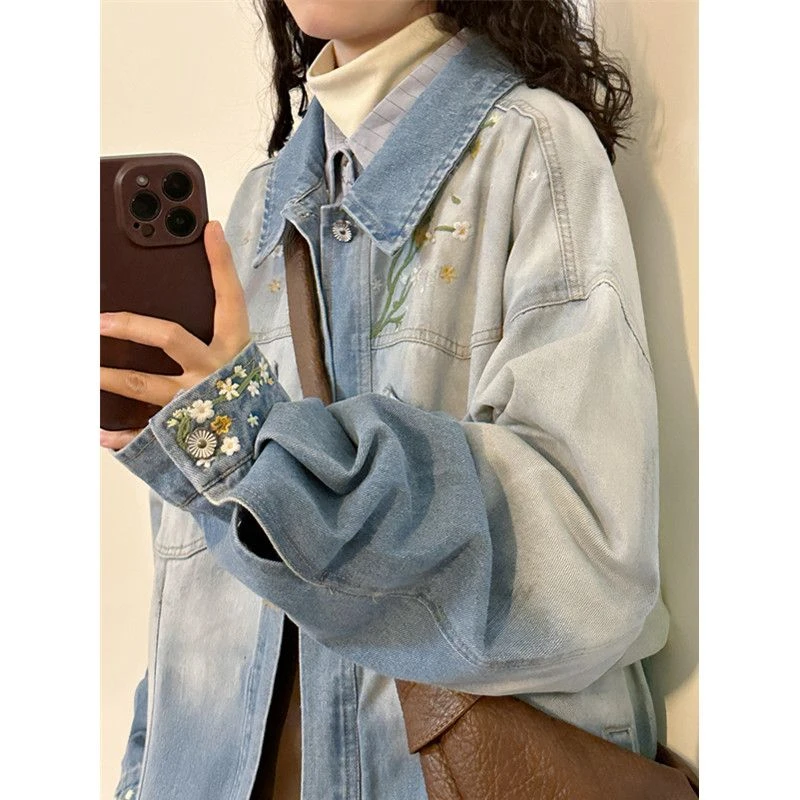 300斤加大码港式复古花卉刺绣翻领外套秋冬男女宽松潮流夹克上衣