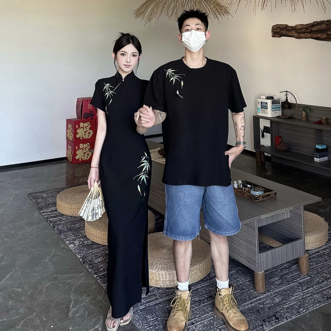 情侣装国风旗袍款短袖连衣裙T恤衫短袖