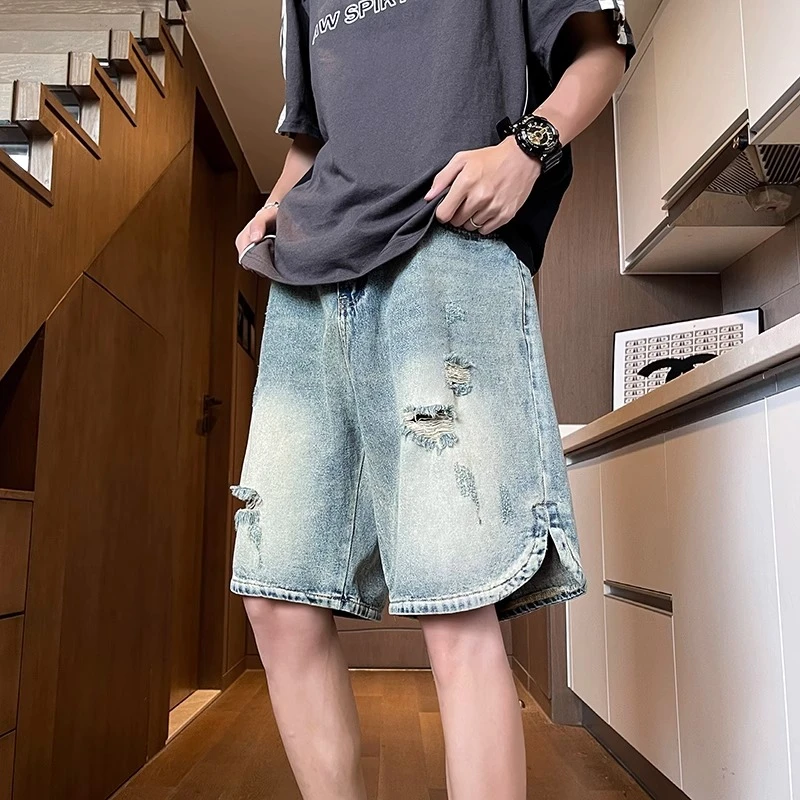 阔腿开叉牛仔短裤男款夏季潮牌痞帅炸街宽松美式高街破洞五分裤子