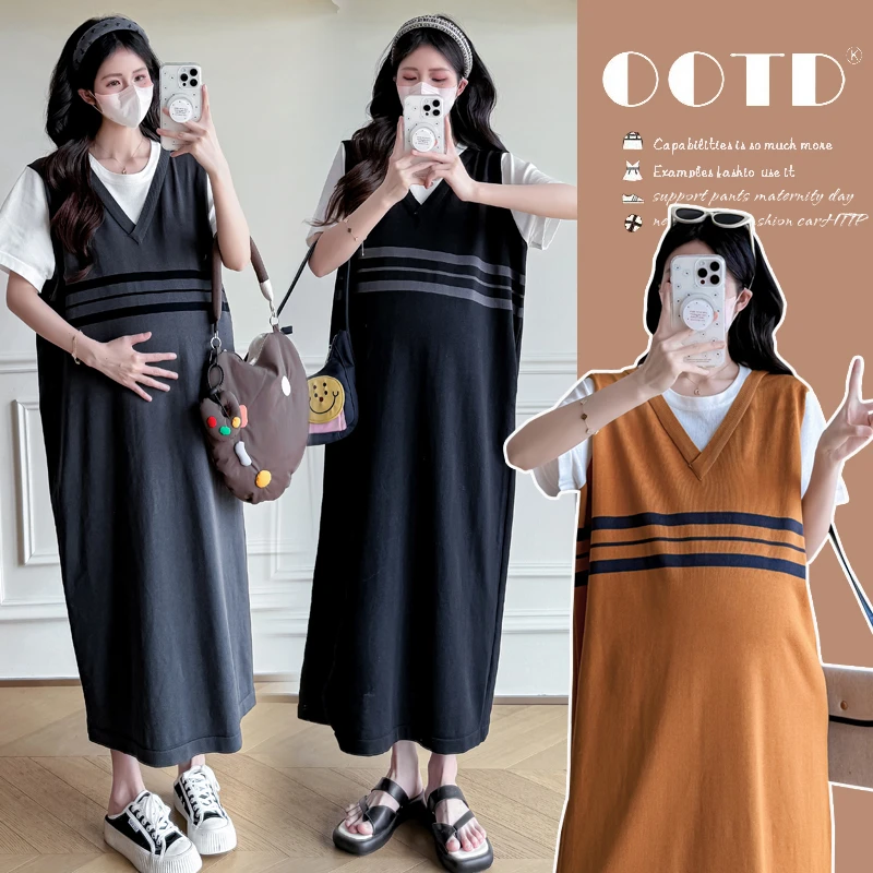 孕妇装2025夏装新款外穿韩版时尚条纹大码宽松显瘦气质孕妇连衣裙