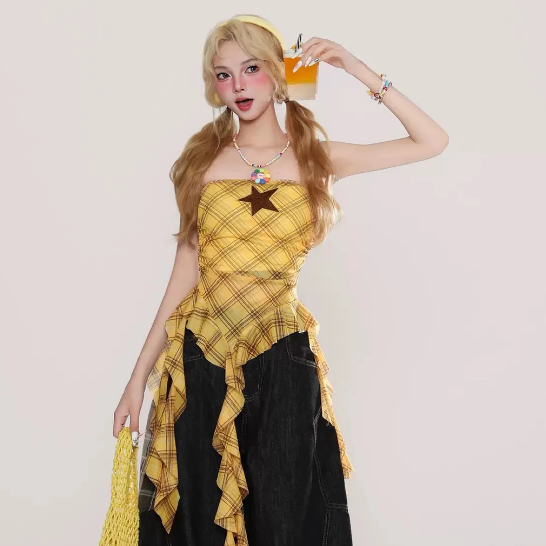 美式星星刺绣格纹不规则抹胸背心女夏季新款辣妹显瘦吊带上衣潮