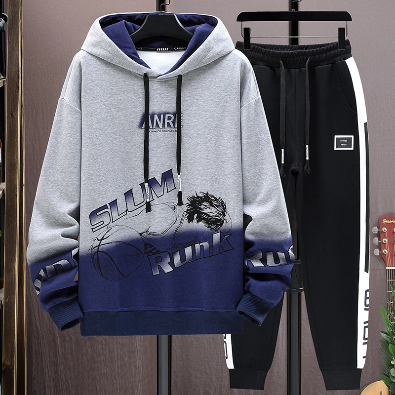 青少年春秋卡通渐变卫衣男潮牌连帽宽松套装新款打底衫舒适休闲