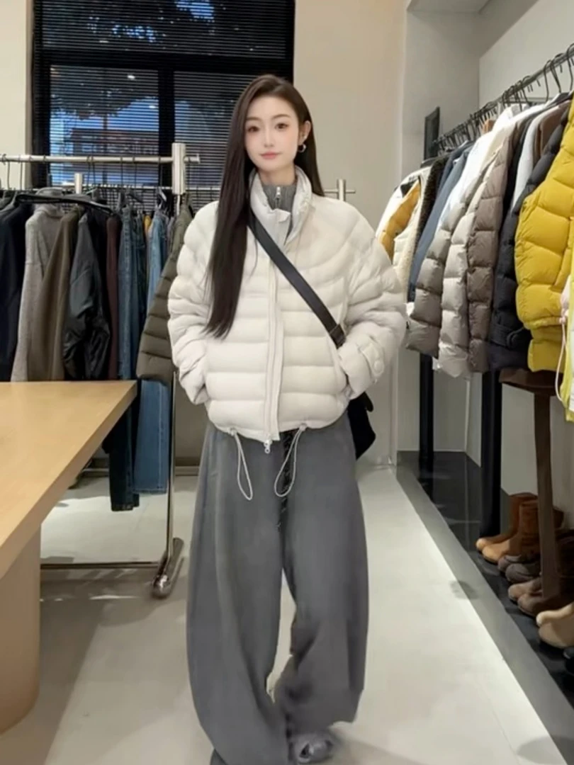 立领短款排骨白鸭绒羽绒服女2025冬季新款小个子休闲轻薄上衣外套