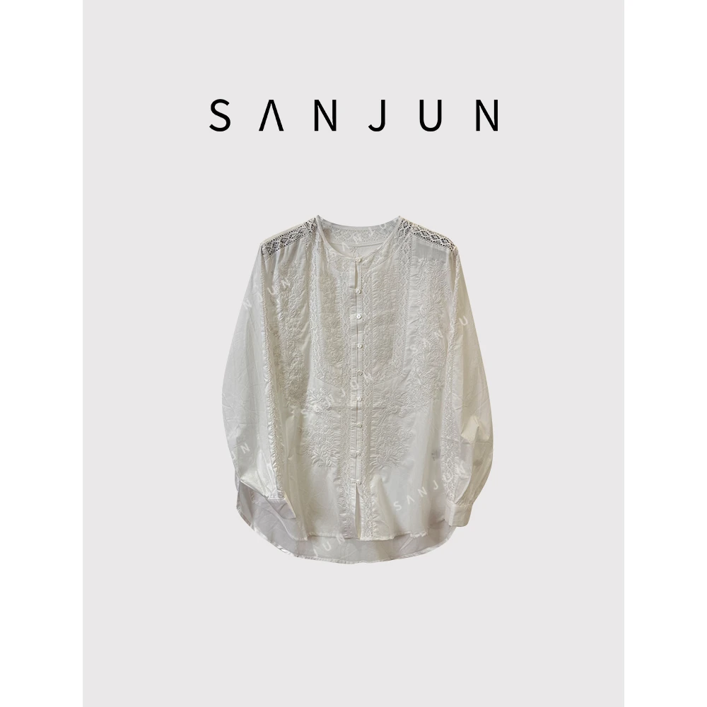 SanJun高端定制温柔白月光重工立体镂空刺绣衬衫  18401