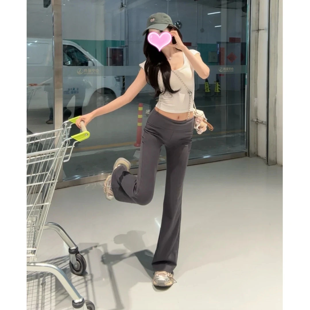 春夏ins微喇修身显瘦休闲百搭垂坠感拖地裤纯欲辣妹短袖T恤上衣女