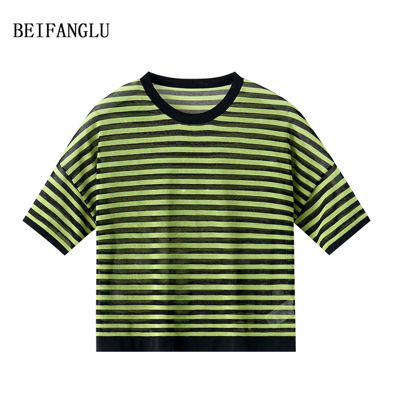 北方鹿【经典条纹针织T】透气舒适棉醋酯女士短款针织短袖T恤SL99