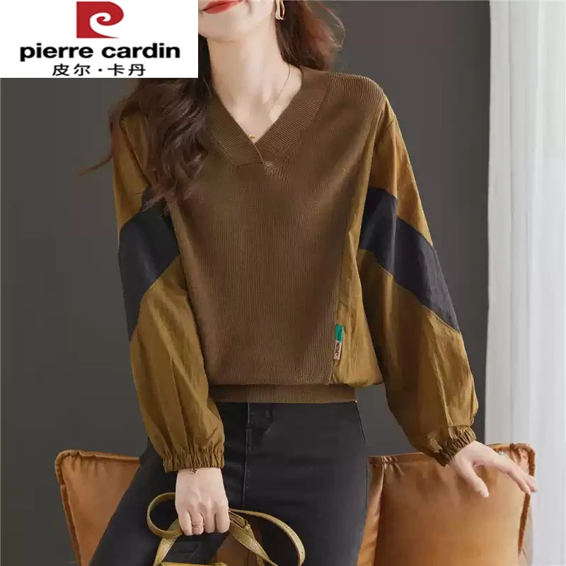 皮尔卡丹欧货设计感雪纺拼接针织衫女春2024新款咖色假两件灯笼袖