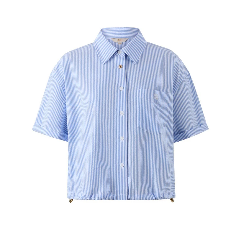 【女装优选WL】Eland衣恋衬衫女学院风撞色条纹 短袖上衣EEYWF25M02