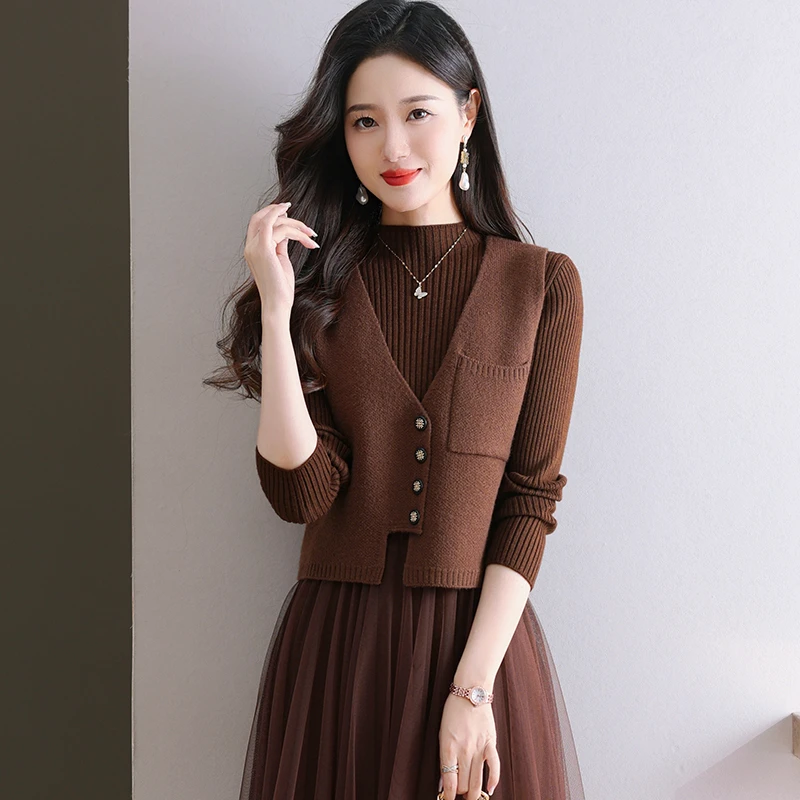 马甲女外穿单排扣宽松型冬季针织马夹洋气春秋上衣气质短外套加厚