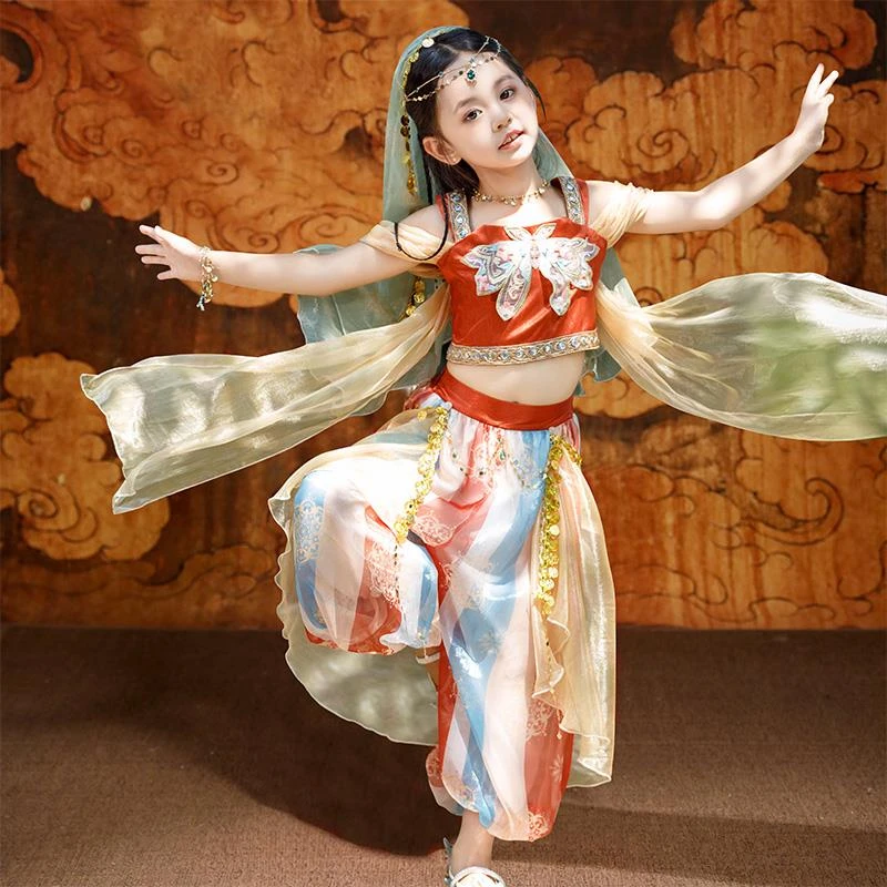 巴拉童年敦煌飞天汉服新款西域公主女童异域乐鼓儿童古典舞蹈服六