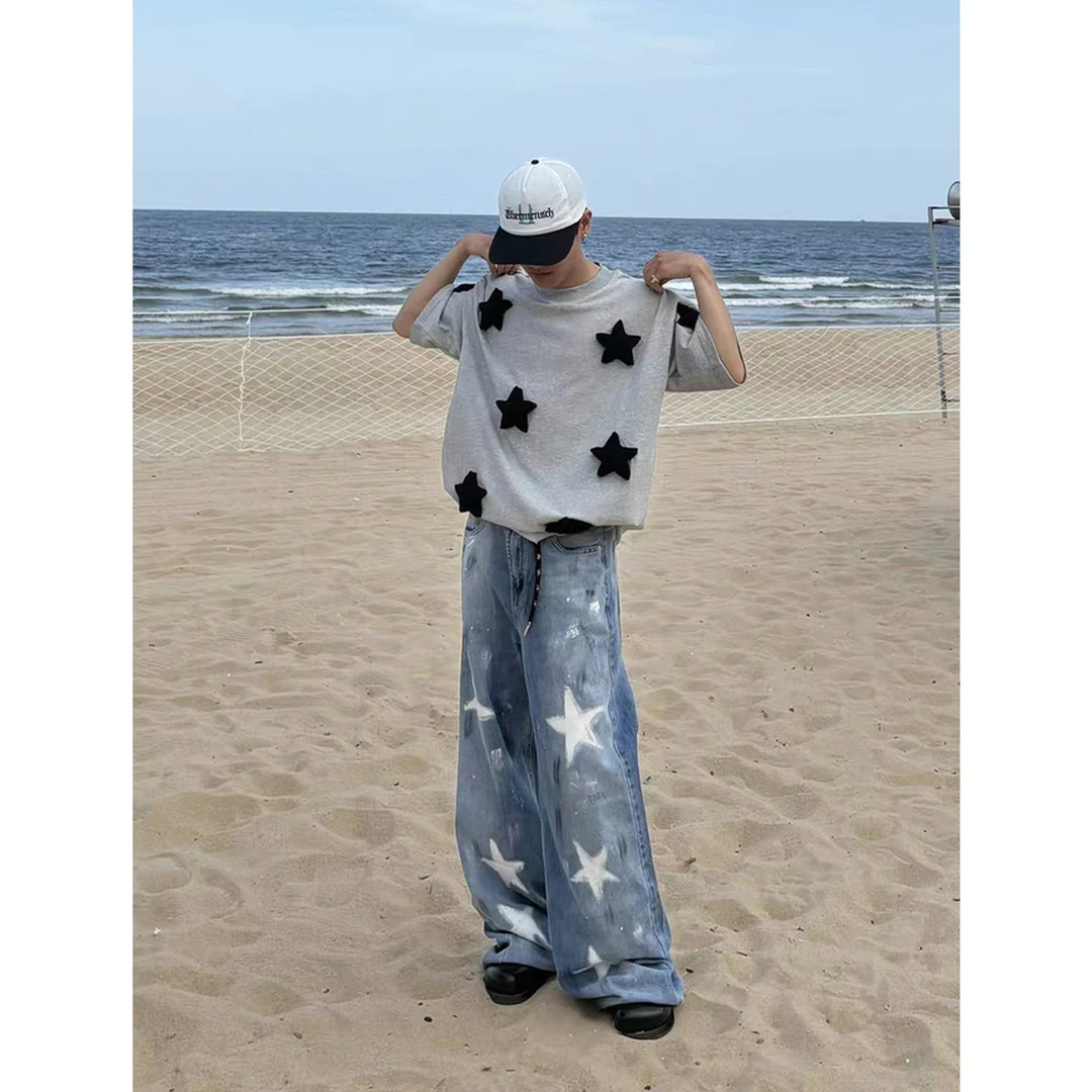 爆款2025新款春夏宽松阔腿直筒裤男趣味星星百搭显瘦垂坠感牛仔裤