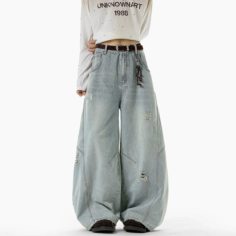 美式破洞廓形弯刀水洗牛仔裤子男男1618岁高中直筒牛仔裤