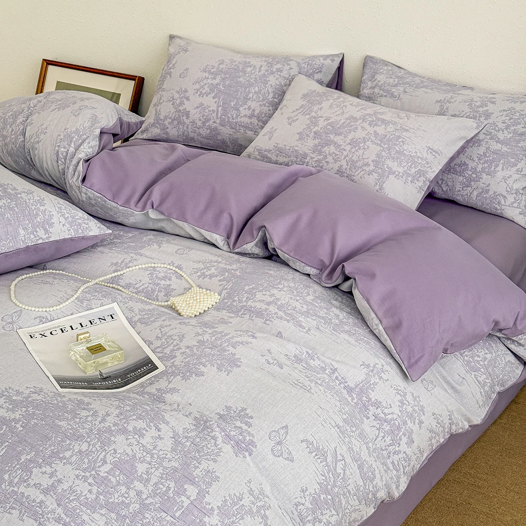 A类小清新纯棉双层纱床上四件套全棉磨毛春秋加厚被套床单三件套