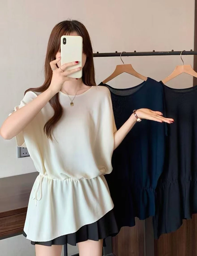 【23115】夏季短袖无袖温柔显瘦上衣法式宽松时尚极简风