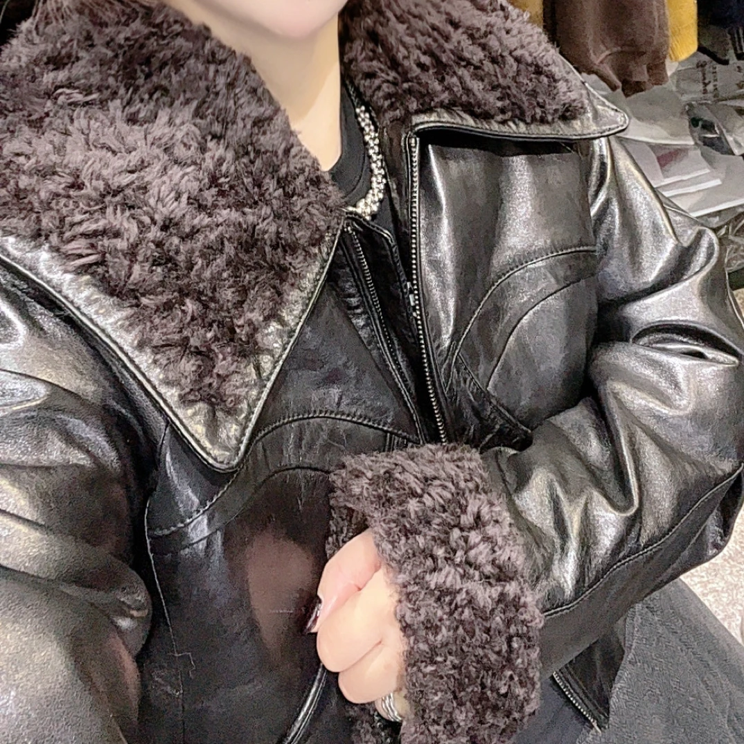 冬季新款 欧货内胆鹅绒黑色皮衣女短款毛领拉链皮夹克高级感外套