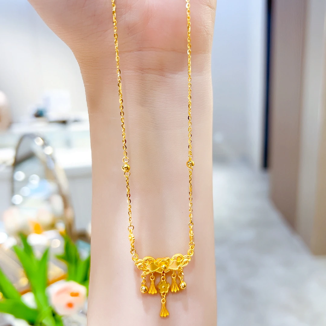 精品5G足金时尚优雅国风流苏芍药殿项链00688