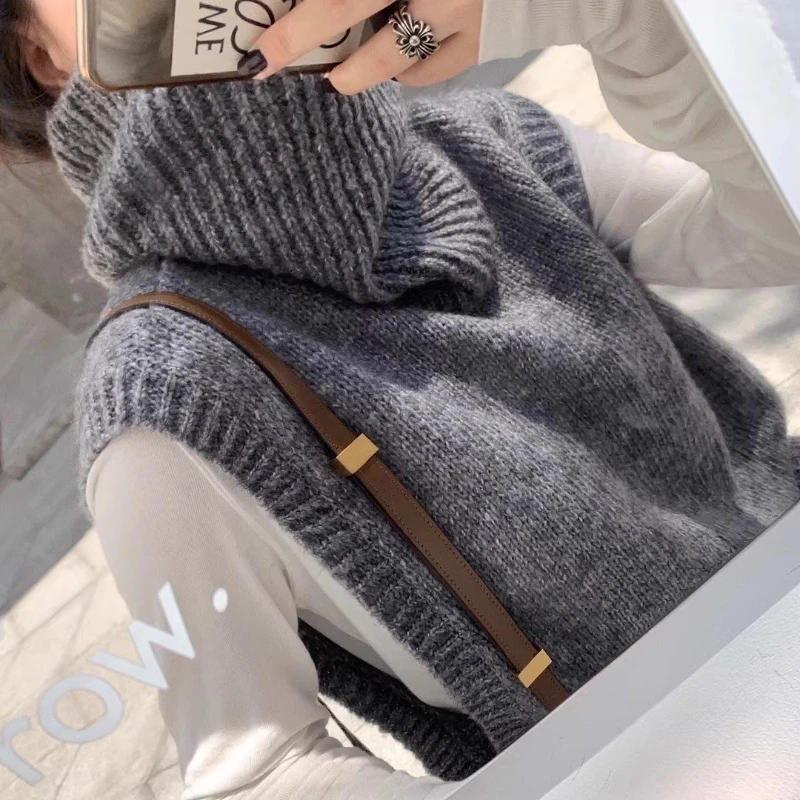 羊范秋冬季欧货宽松高领叠穿纯羊毛针织马甲女无袖慵懒风套头毛衣