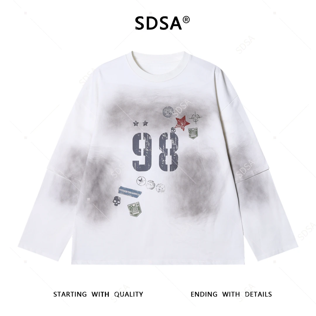SDSA男士秋冬新款痞帅男装潮牌扎染数字印花圆领长袖T恤时尚宽松