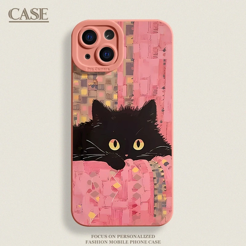 粉色布黑猫适用苹果16手机壳15promax/iPhone13磨砂14/12防摔11软