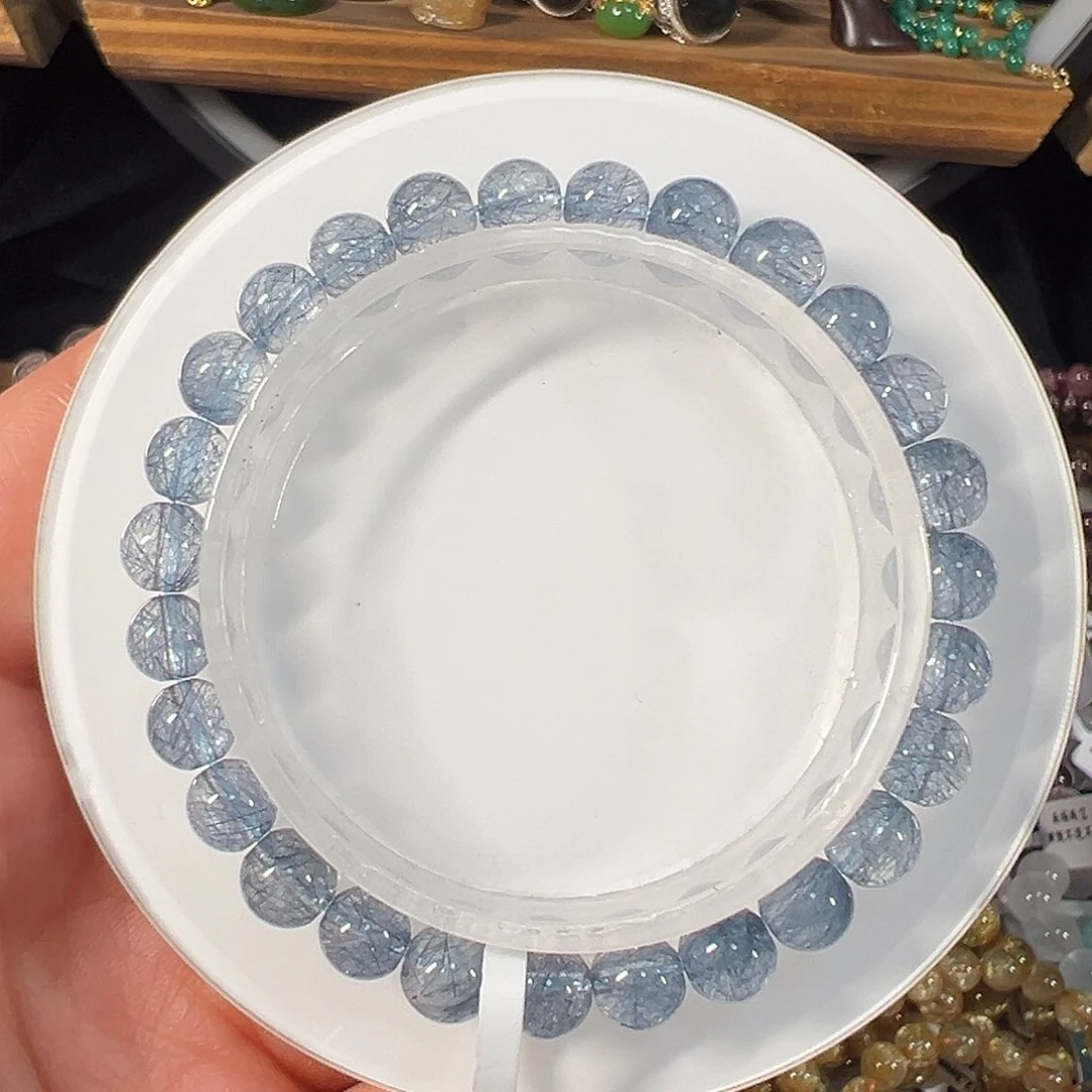水晶手链未镶嵌巴西蓝钢丝6.8mm透体单圈手串