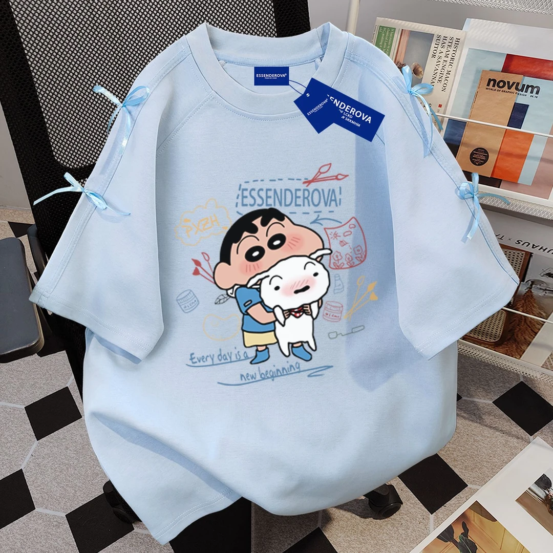 100%纯棉简约通勤蜡笔小新短袖t恤女2025夏季新款宽松韩版上衣服