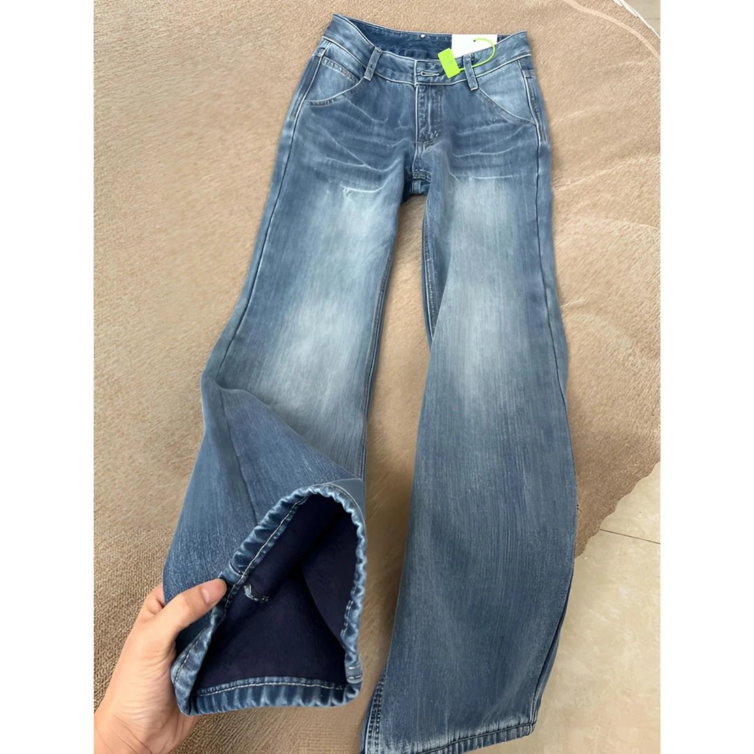 设计感中低腰微喇叭牛仔裤女秋冬新款美式复古蓝高腰显瘦长裤