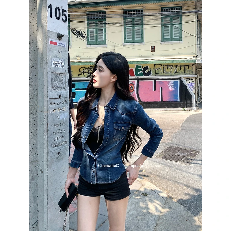 何晨曦蓝色收腰牛仔薄外套春季辣妹修身复古长袖女装上衣T0358W