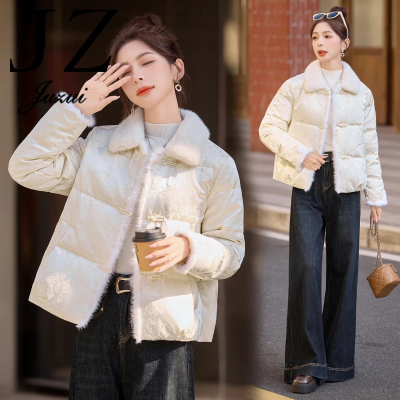JZ玖姿正品清仓折扣女装新中式提花鸭绒羽绒服小个子宽松短款上衣