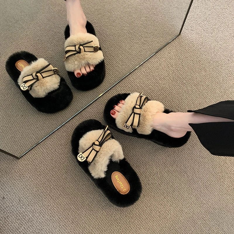 增高5cm小个子毛毛棉拖鞋女2025秋冬新款蝴蝶结百搭网红居家外穿