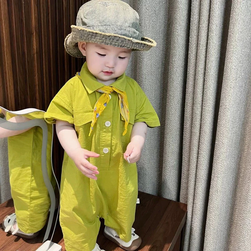 男宝宝夏装衣服婴幼儿夏季牛油果绿工装风外出服显白连体衣爬服潮