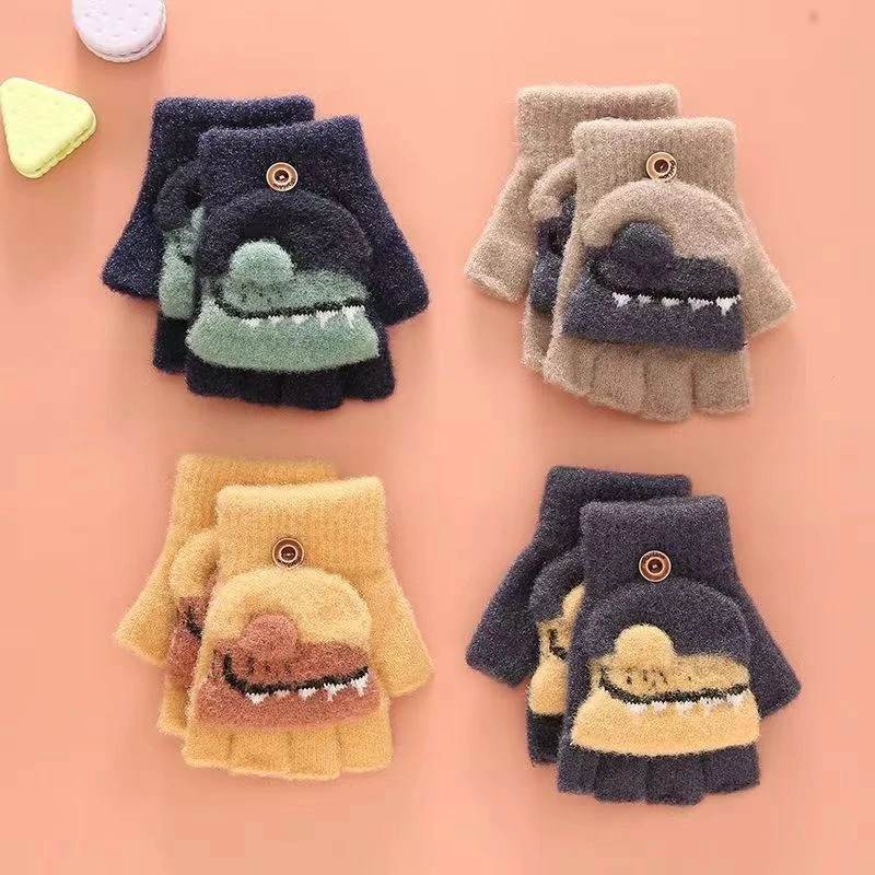 儿童手套冬季保暖防寒加绒半指翻盖卡通鳄鱼小孩水貂绒小学生写字