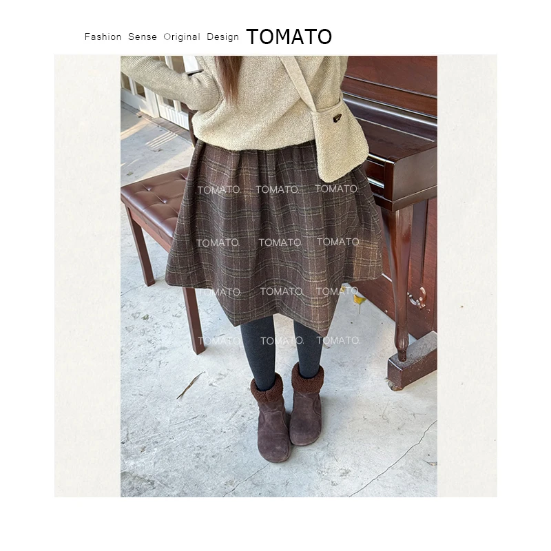 【TomoTo】格罗曼 复古高腰韩系格纹宽松百搭显瘦灯笼半裙C25Q4261