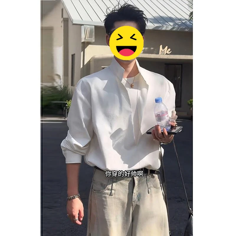白色假两件立领衬衫男英伦雅痞男装长袖衬衣小众设计感穿搭薄外套