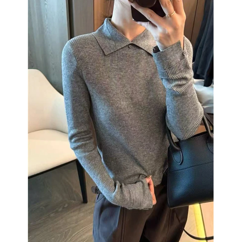 羊毛衫女显瘦翻领上衣网红长袖针织衫百搭时尚打底衫洋气宽松毛衣