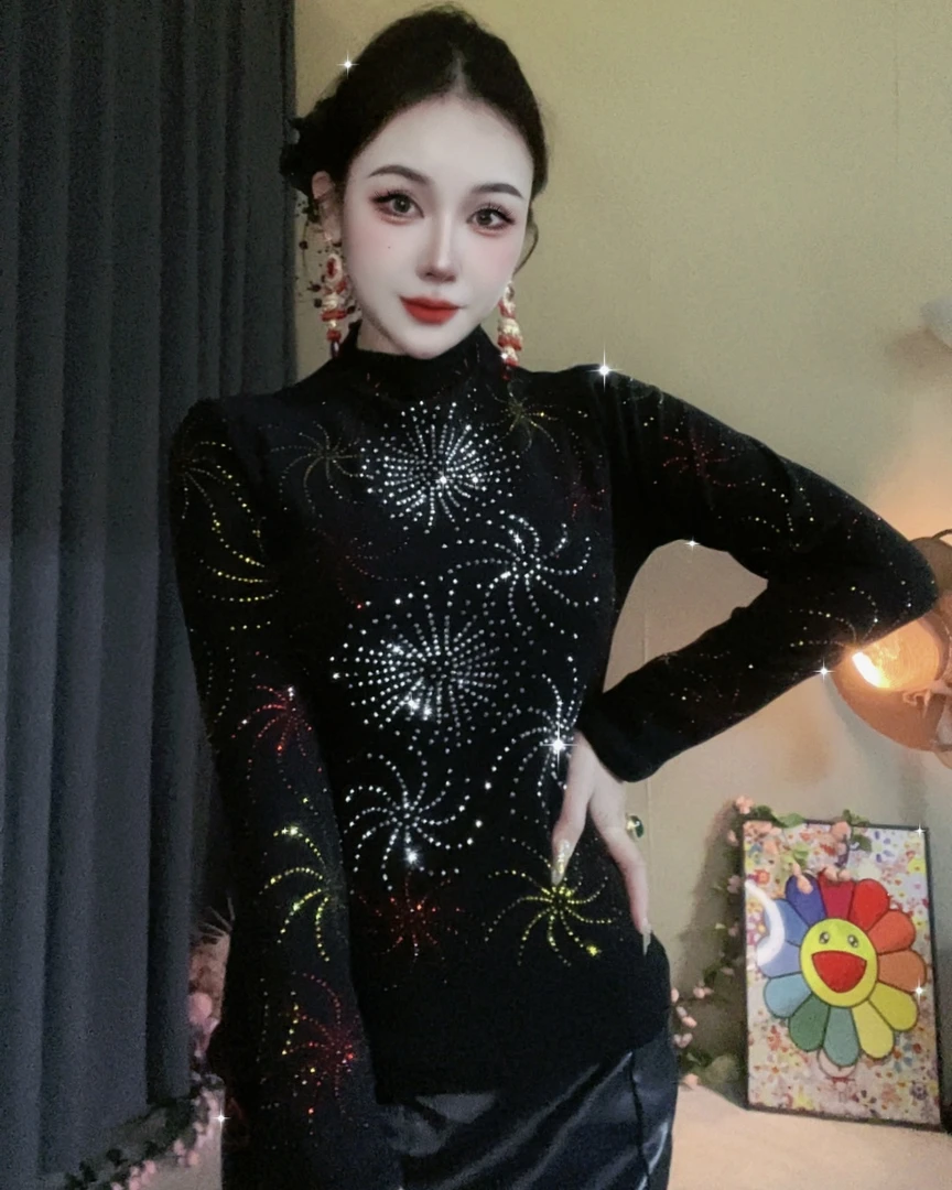 【网红爆款814#双色加绒】打底衫女内搭秋冬时尚烫钻上衣修身显瘦