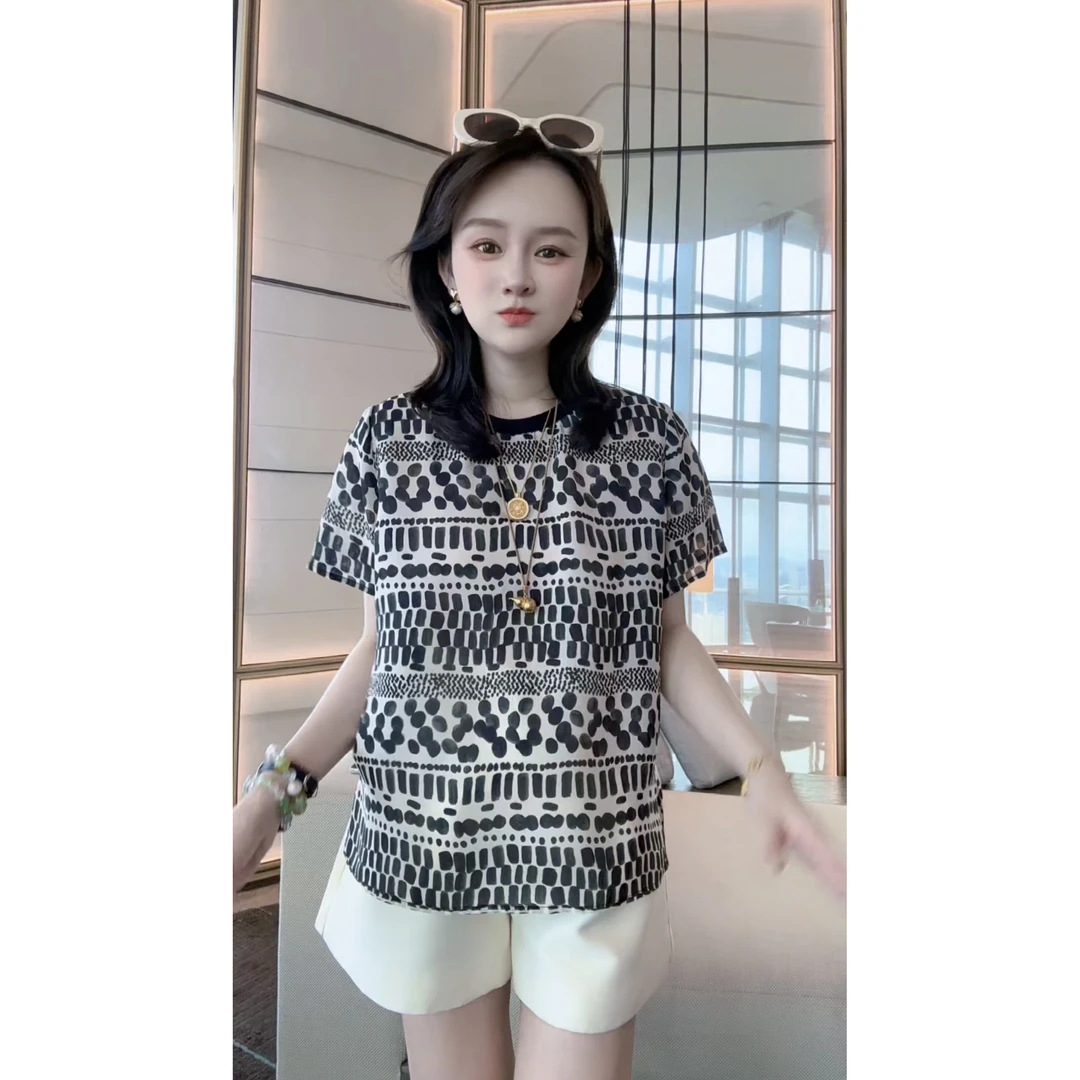 【丝芙玉禄】（F961）真丝双绉黑白波点显瘦桑蚕丝t恤上衣