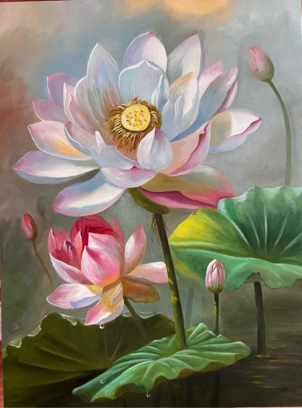 手绘油画荷花玄关客厅油画，尺寸60.80