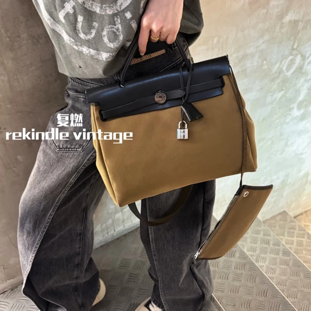 95新 Hermes/爱马仕 复燃精选/抹茶绿子母herbag31手提单肩包20年