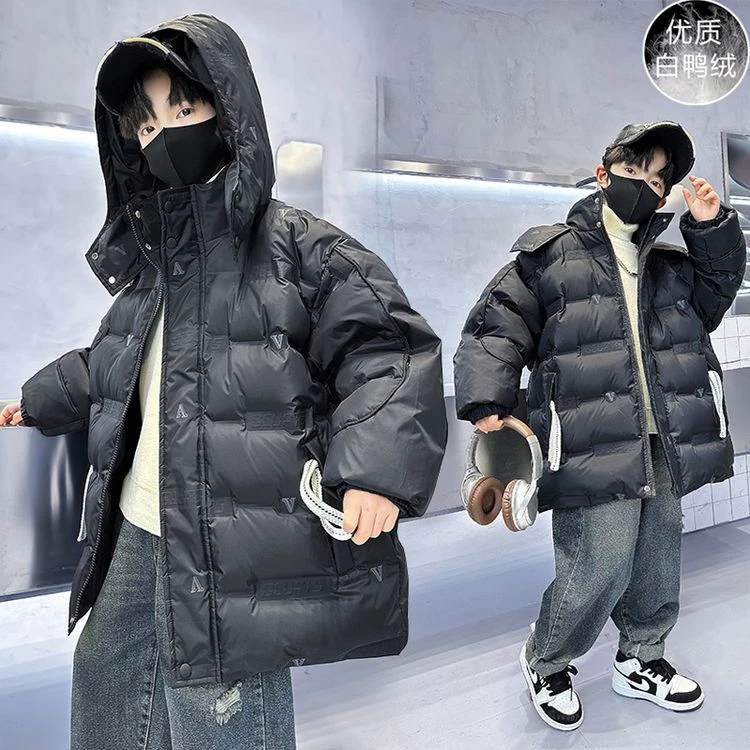 男童冬装黑色潮酷工装韩版羽绒服2024新款儿童男孩冬季防风厚外套