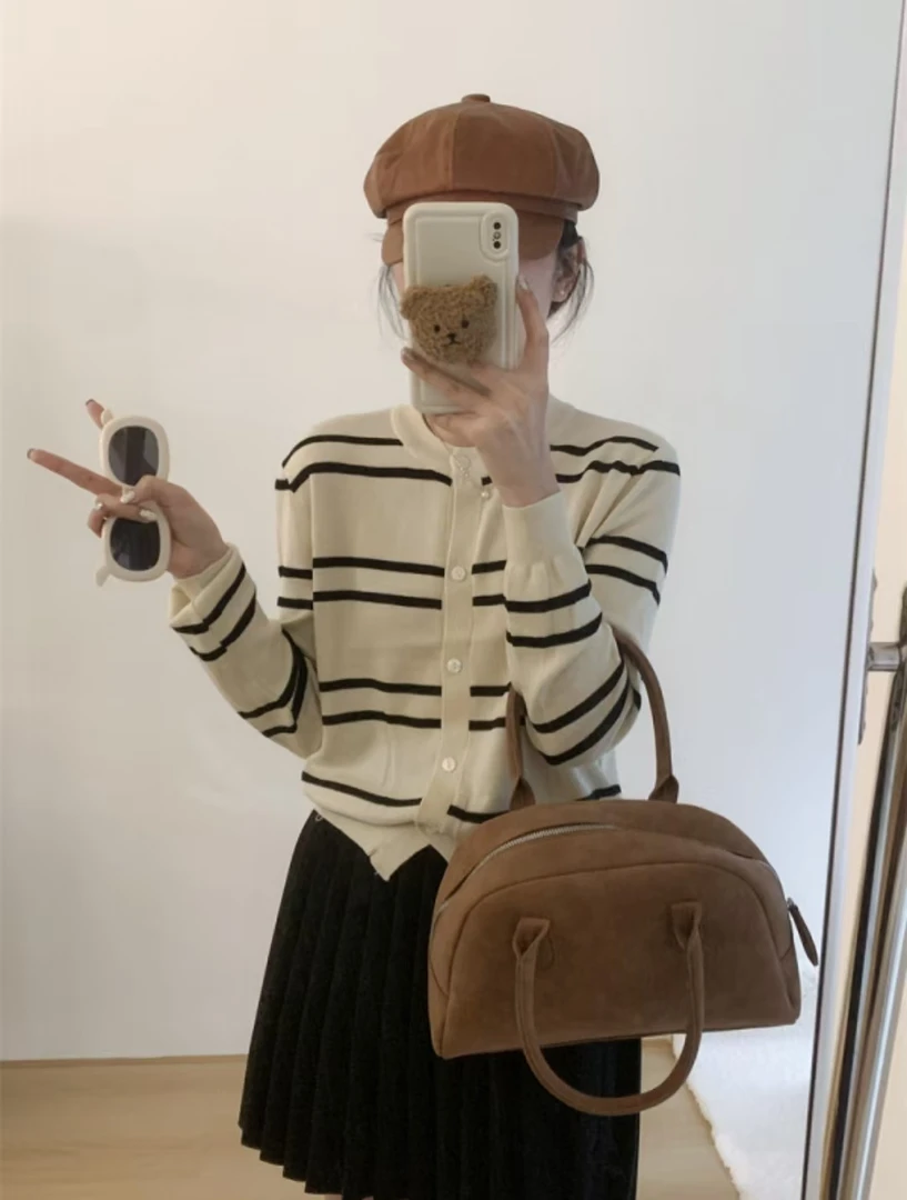 拼色条纹毛衣开衫外套女秋冬新款韩版时尚显瘦圆领长袖针织衫上衣