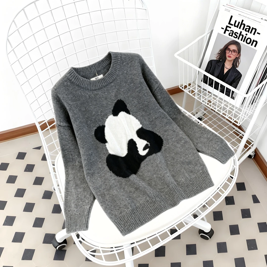 胖mm大码300斤韩版慵懒风卡通熊猫图案宽松针织衫女秋冬百搭毛衣