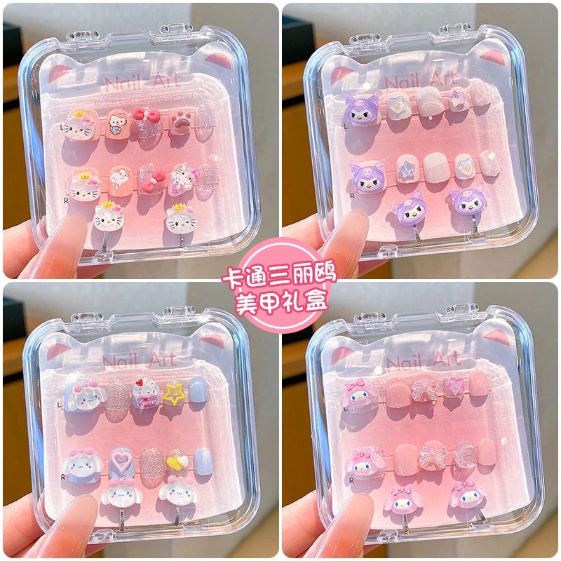 新款穿戴甲立体卡通女孩美甲贴纸饰品耳夹精美透明盒装指甲贴甲片