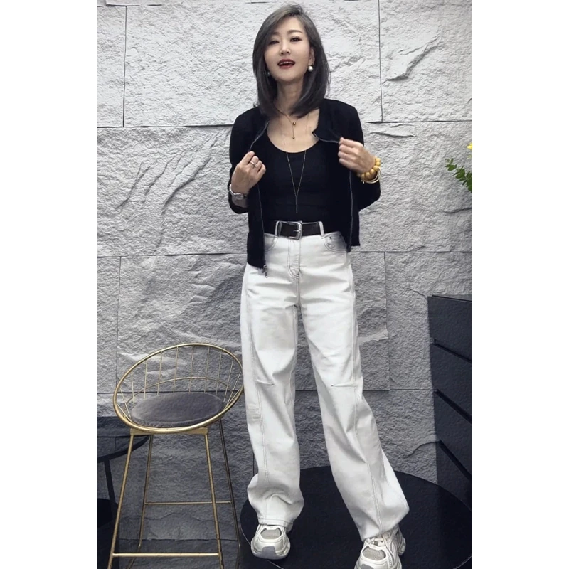 欧若风早春白色牛仔针织时尚宽松开衫显瘦休闲裤长袖高腰百搭套装