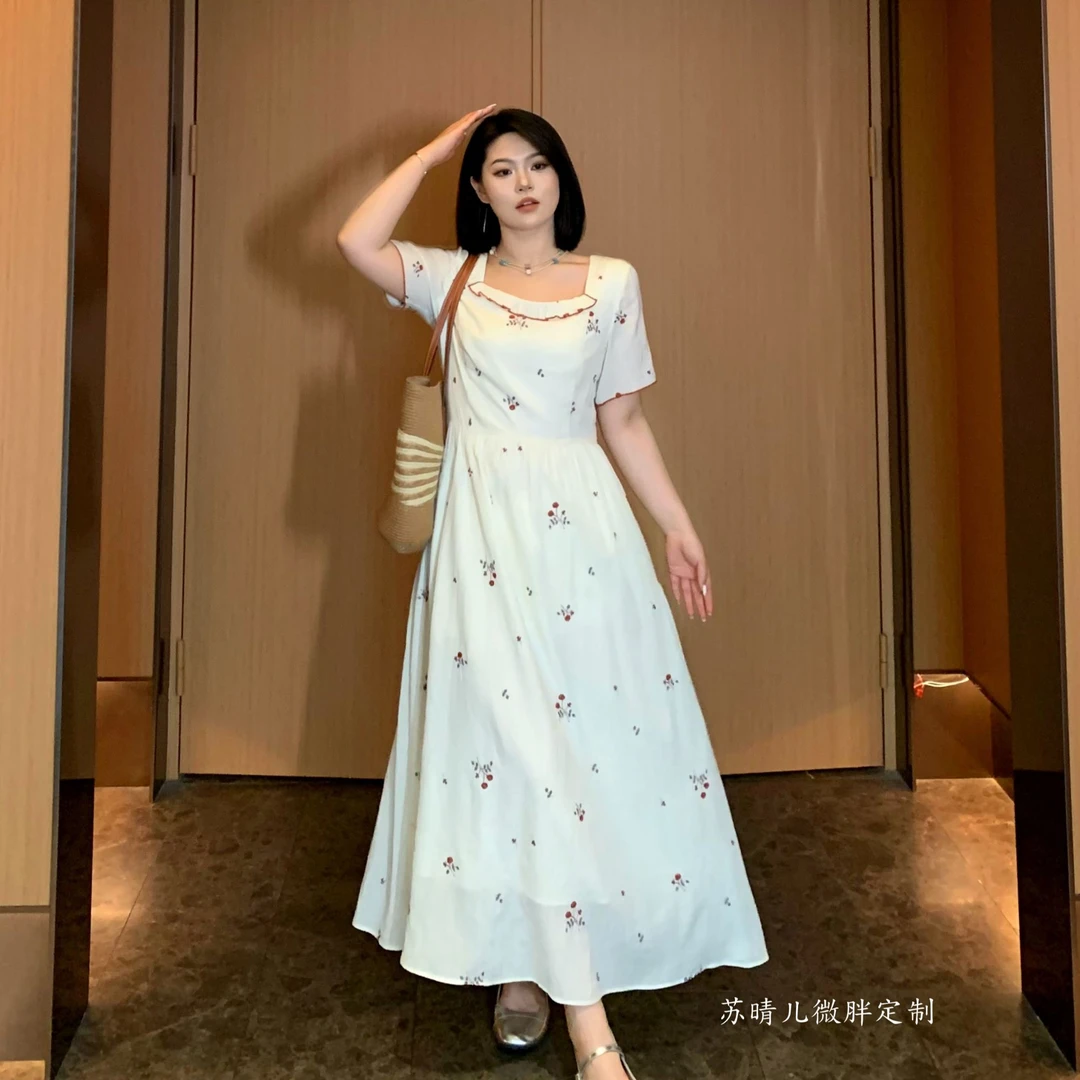 清【落日花园】夏季法式温柔风方领碎花收腰显瘦连衣裙-F0202