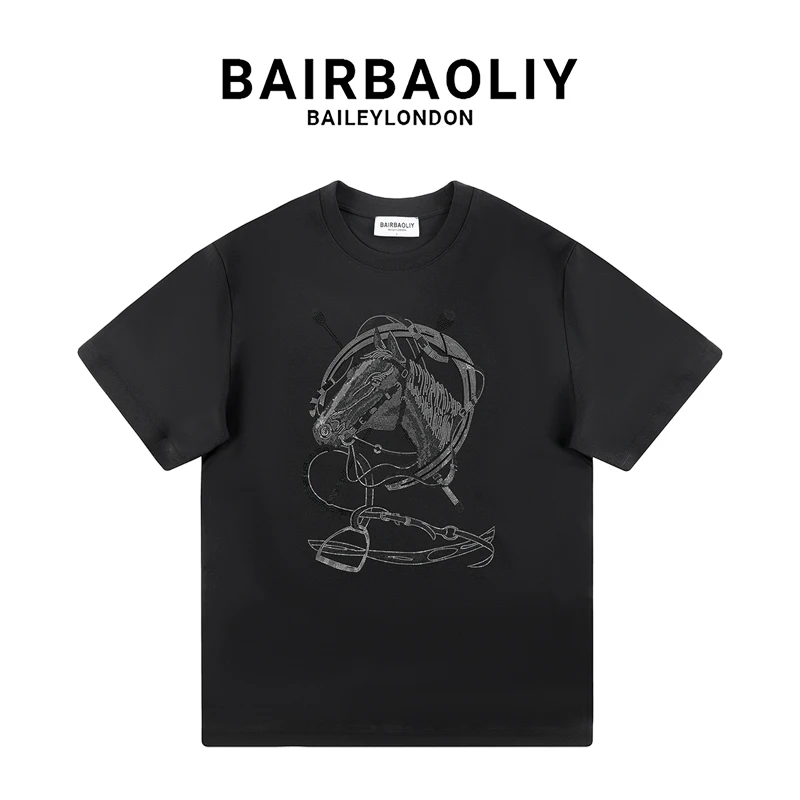 BAIRBAOLIY高端重工骏马烫钻春夏新款2025潮流休闲百搭短袖T恤