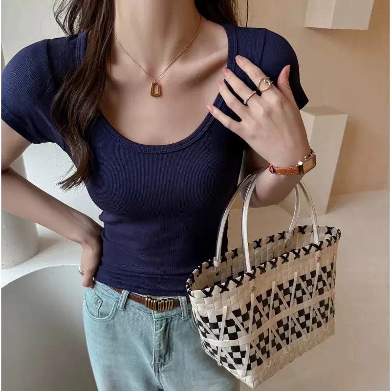 紧身女式韩系方领打底衫短袖打底衫T恤针织