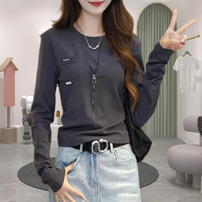 高端美式复古拉链长袖T恤亲肤舒适休闲简约风口袋拼接打底衫上衣