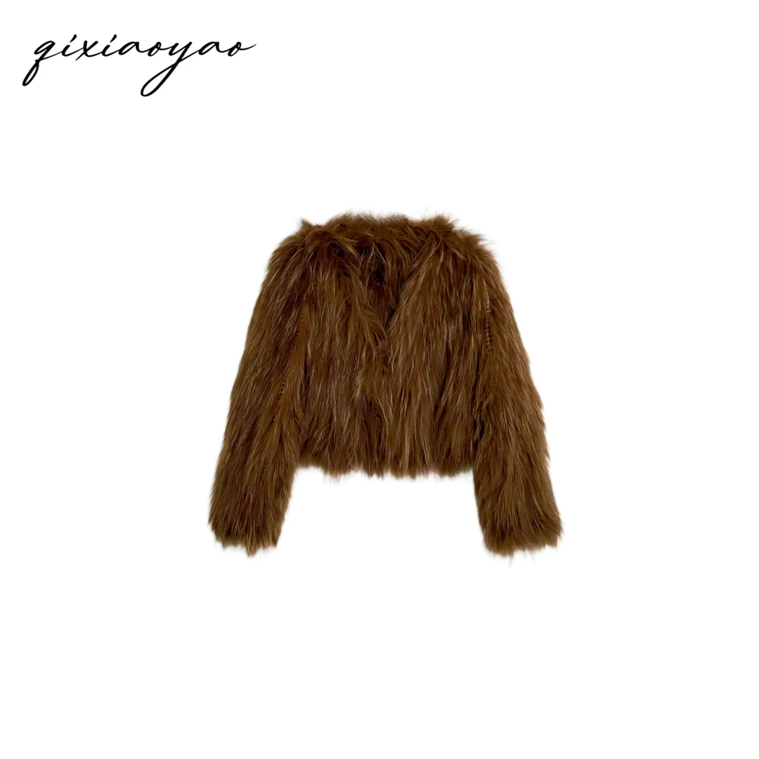Qixiaoyao 新款貉子毛编织外套#QSLX1696