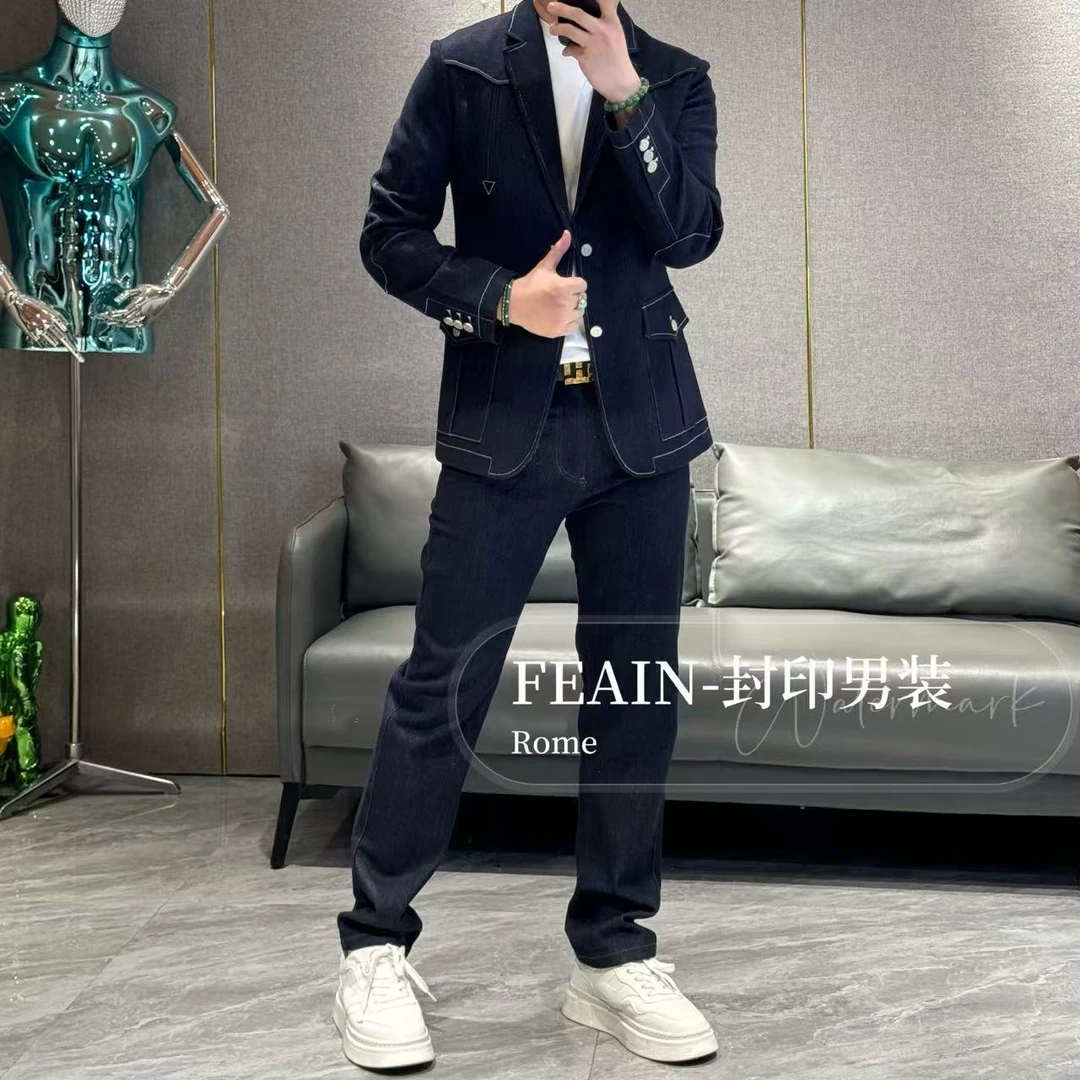 高端定制T*B方向亚麻来塞尔弹力牛仔本色西装套装6898