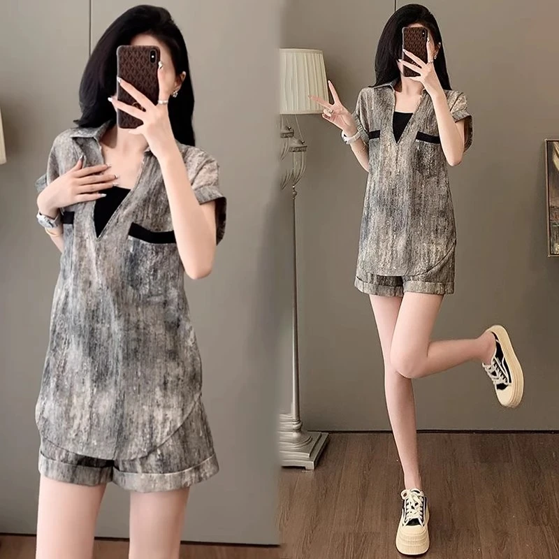时尚休闲设计感气质短袖短裤套装女2025夏季新款减龄显瘦两件套潮